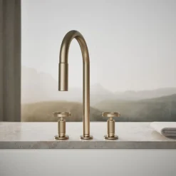 Pull-down kitchen sink faucet with two-function sprayhead^Kohler Hot