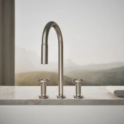 Pull-down kitchen sink faucet with two-function sprayhead^Kohler Hot