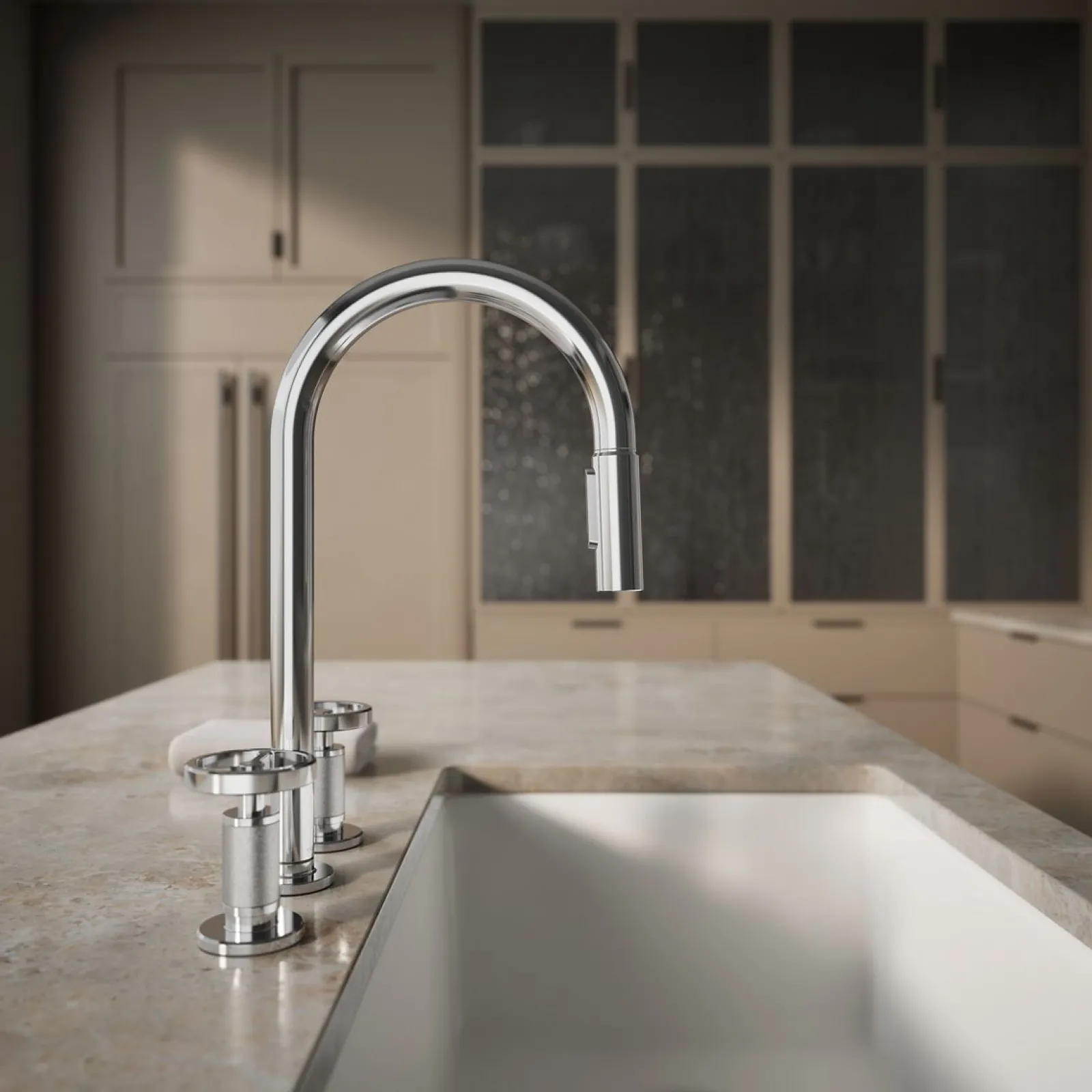 Pull-down kitchen sink faucet with two-function sprayhead^Kohler Hot