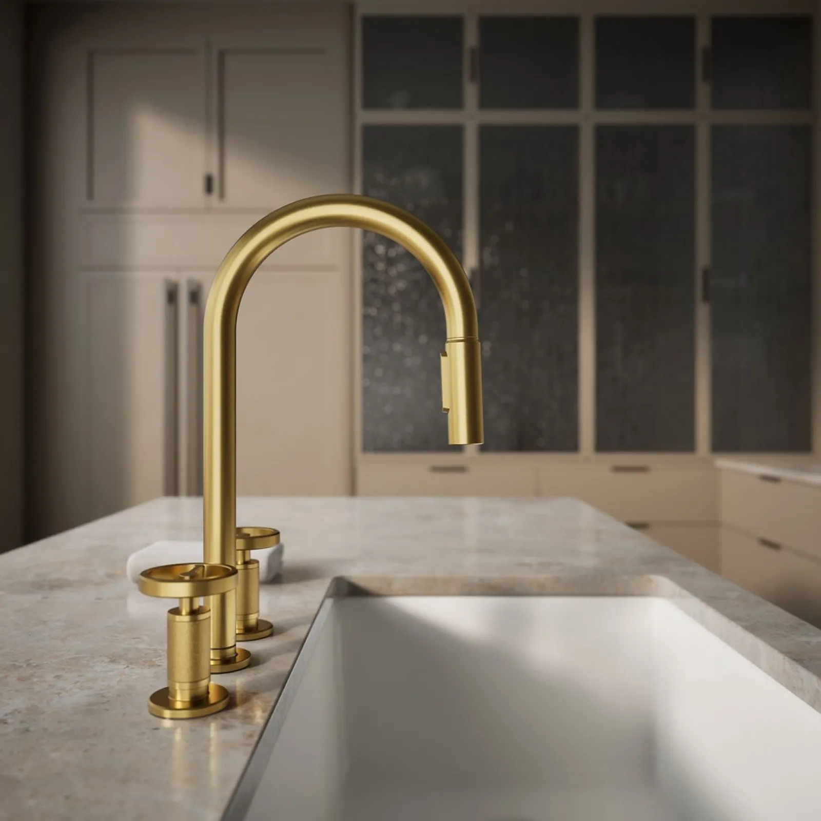 Pull-down kitchen sink faucet with two-function sprayhead^Kohler Hot