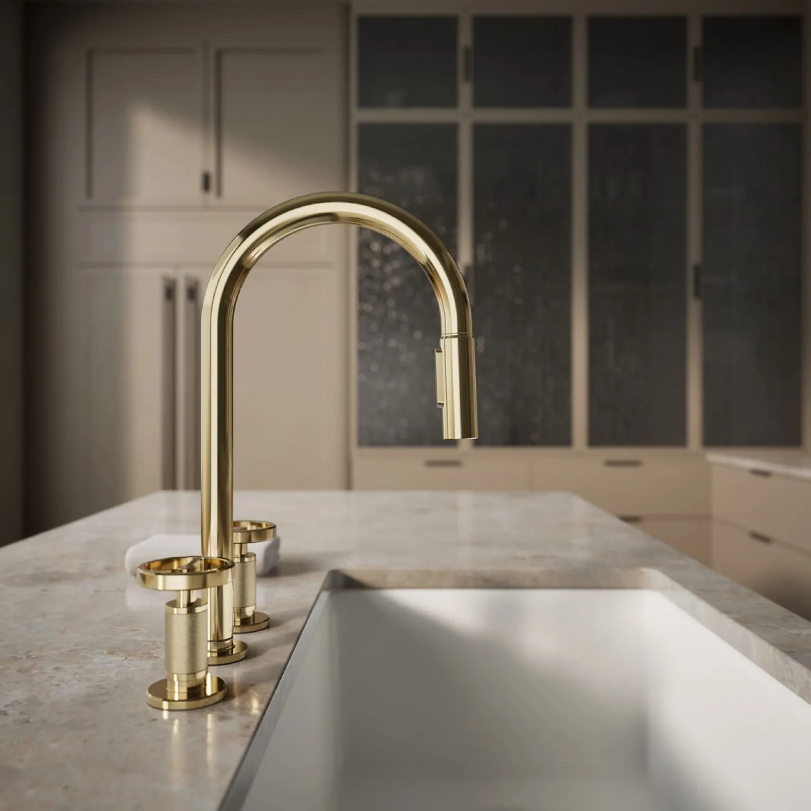 Pull-down kitchen sink faucet with two-function sprayhead^Kohler Hot