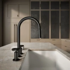 Pull-down kitchen sink faucet with two-function sprayhead^Kohler Hot