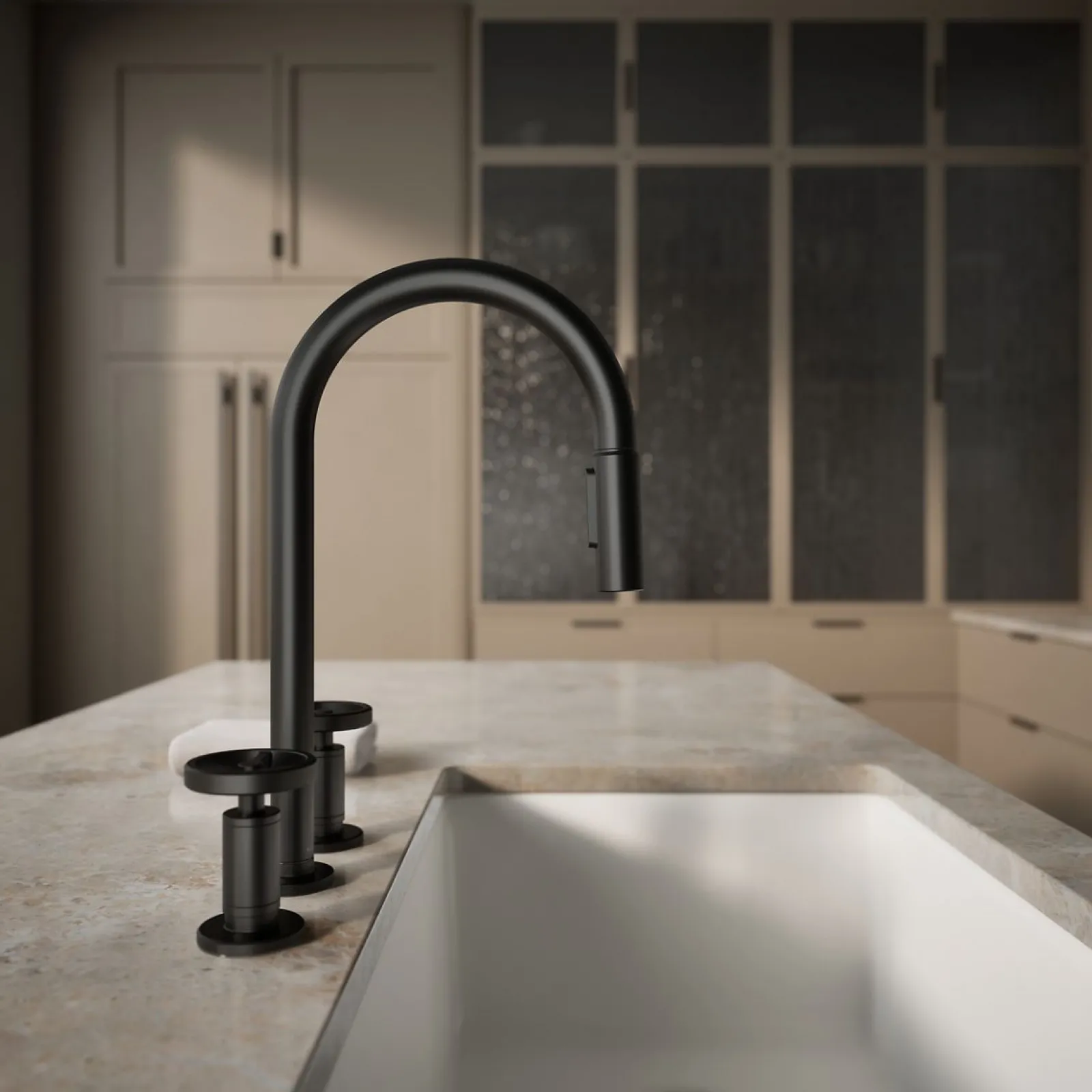 Pull-down kitchen sink faucet with two-function sprayhead^Kohler Hot