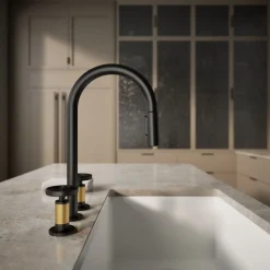 Pull-down kitchen sink faucet with two-function sprayhead^Kohler Hot