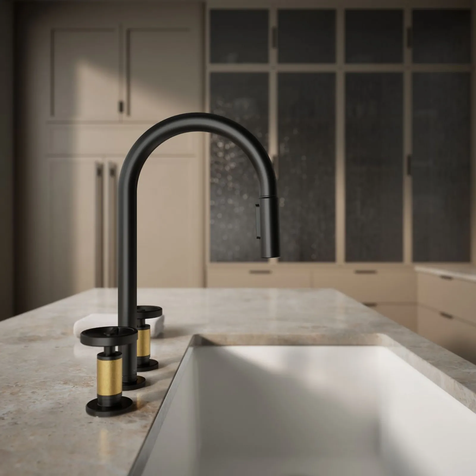 Pull-down kitchen sink faucet with two-function sprayhead^Kohler Hot