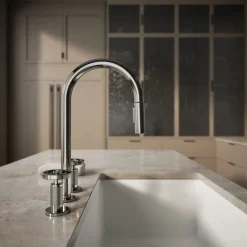 Pull-down kitchen sink faucet with two-function sprayhead^Kohler Hot