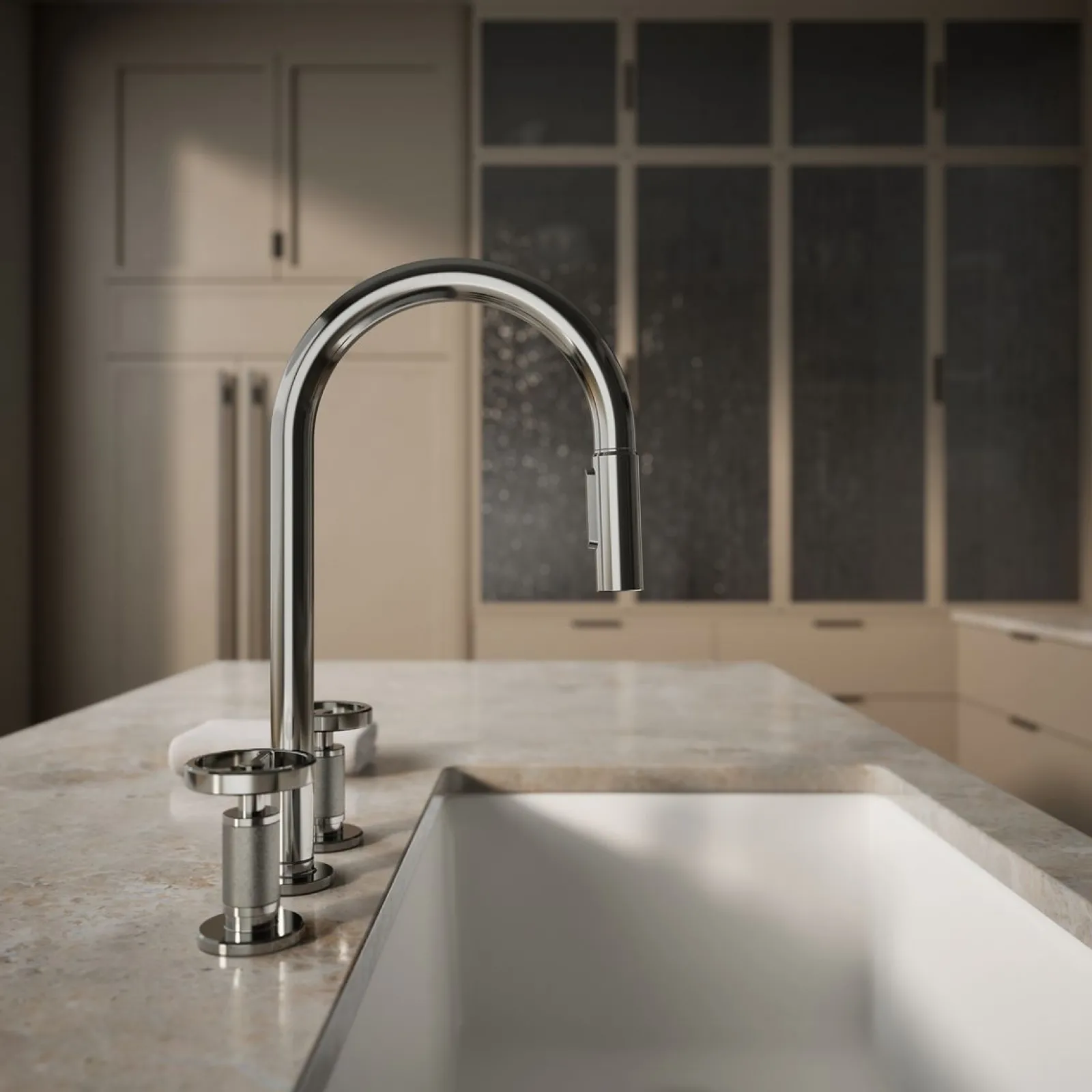 Pull-down kitchen sink faucet with two-function sprayhead^Kohler Hot