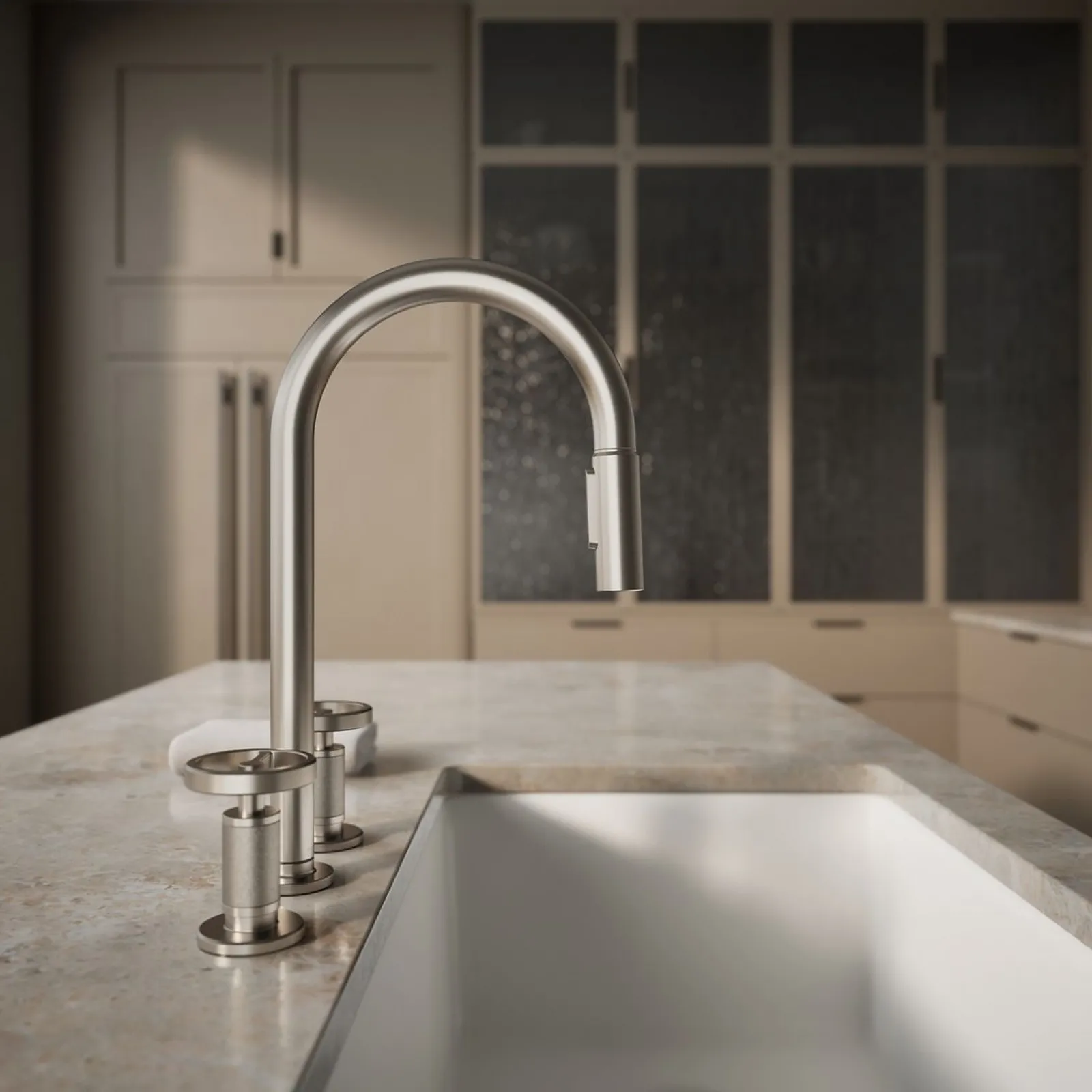 Pull-down kitchen sink faucet with two-function sprayhead^Kohler Hot