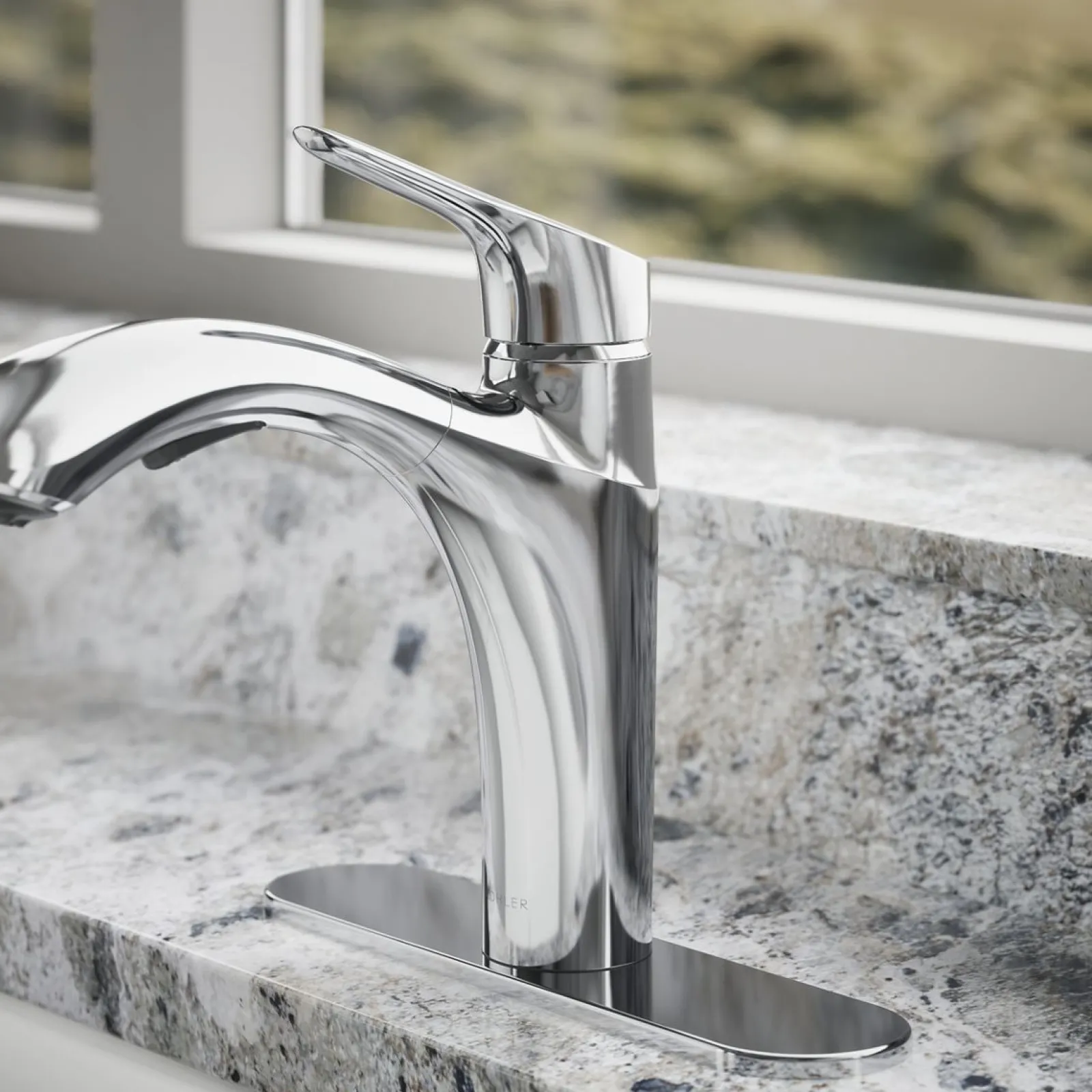 Pull-out kitchen sink faucet with two-function sprayhead^Kohler Hot