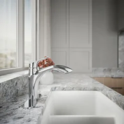 Pull-out kitchen sink faucet with two-function sprayhead^Kohler Hot