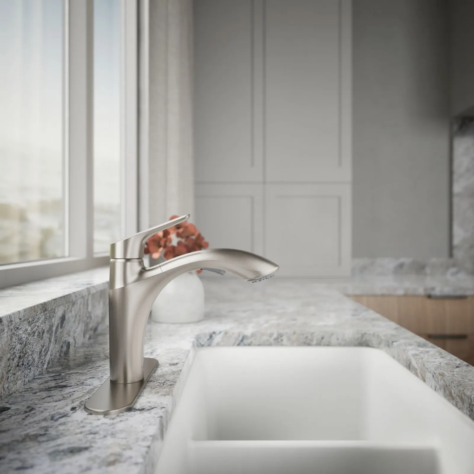 Pull-out kitchen sink faucet with two-function sprayhead^Kohler Hot