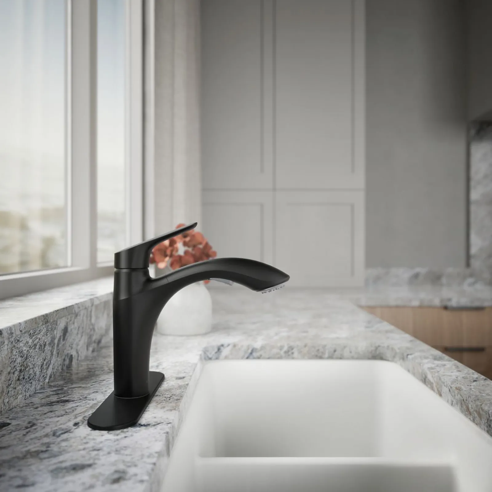 Pull-out kitchen sink faucet with two-function sprayhead^Kohler Hot