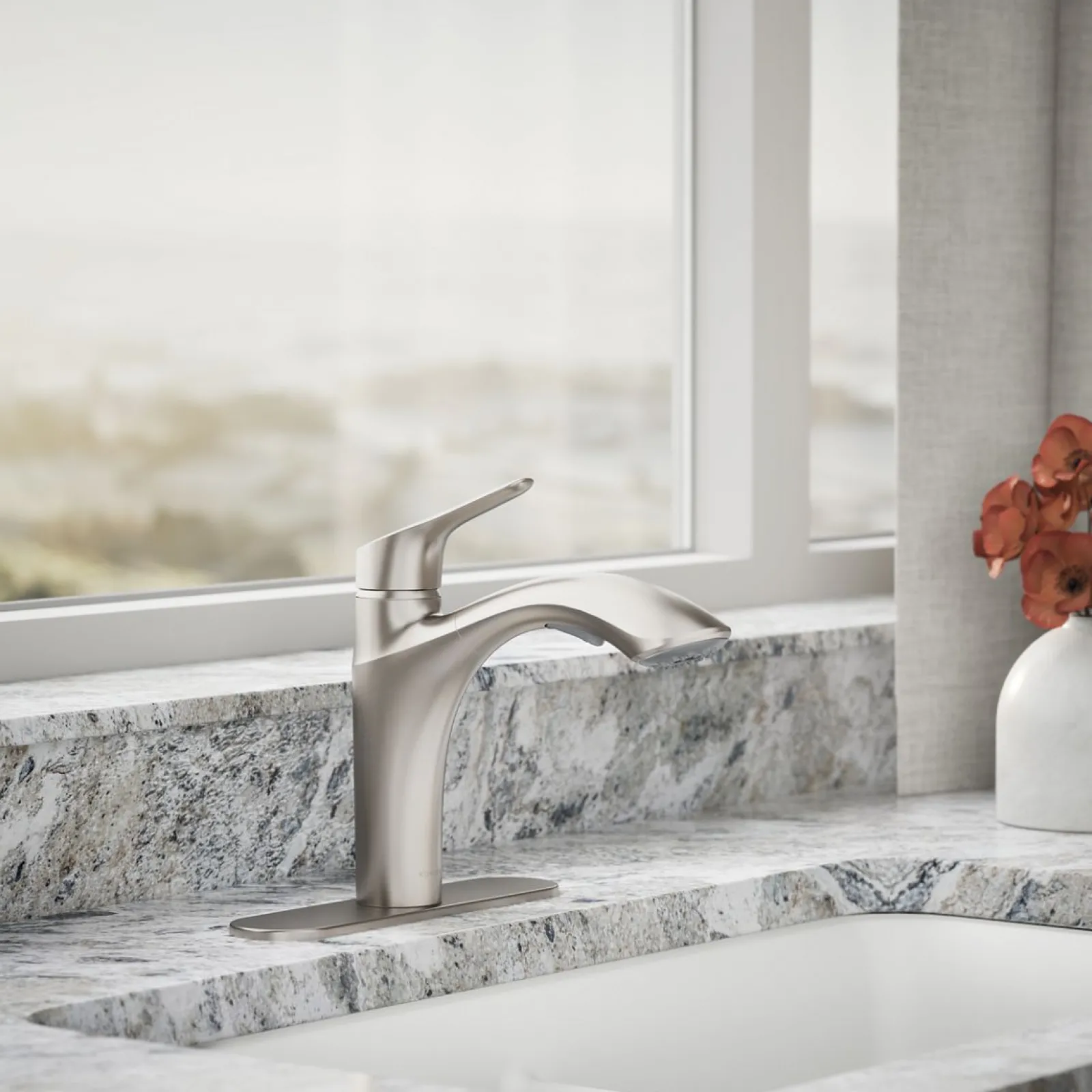 Pull-out kitchen sink faucet with two-function sprayhead^Kohler Hot