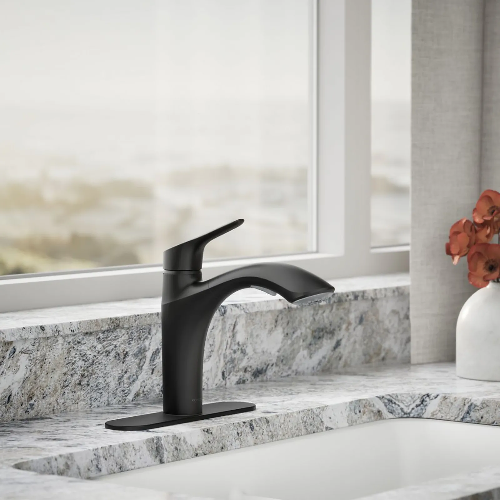 Pull-out kitchen sink faucet with two-function sprayhead^Kohler Hot