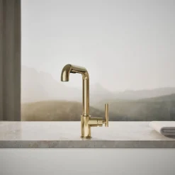 Pull-out kitchen sink faucet with three-function sprayhead^Kohler Discount