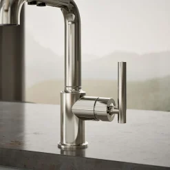 Pull-out kitchen sink faucet with three-function sprayhead^Kohler Discount