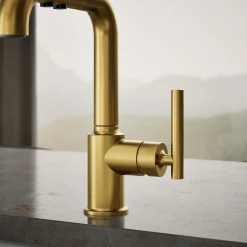 Pull-out kitchen sink faucet with three-function sprayhead^Kohler Discount