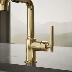 Pull-out kitchen sink faucet with three-function sprayhead^Kohler Discount