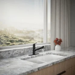 Pull-out kitchen sink faucet with three-function sprayhead^Kohler Sale