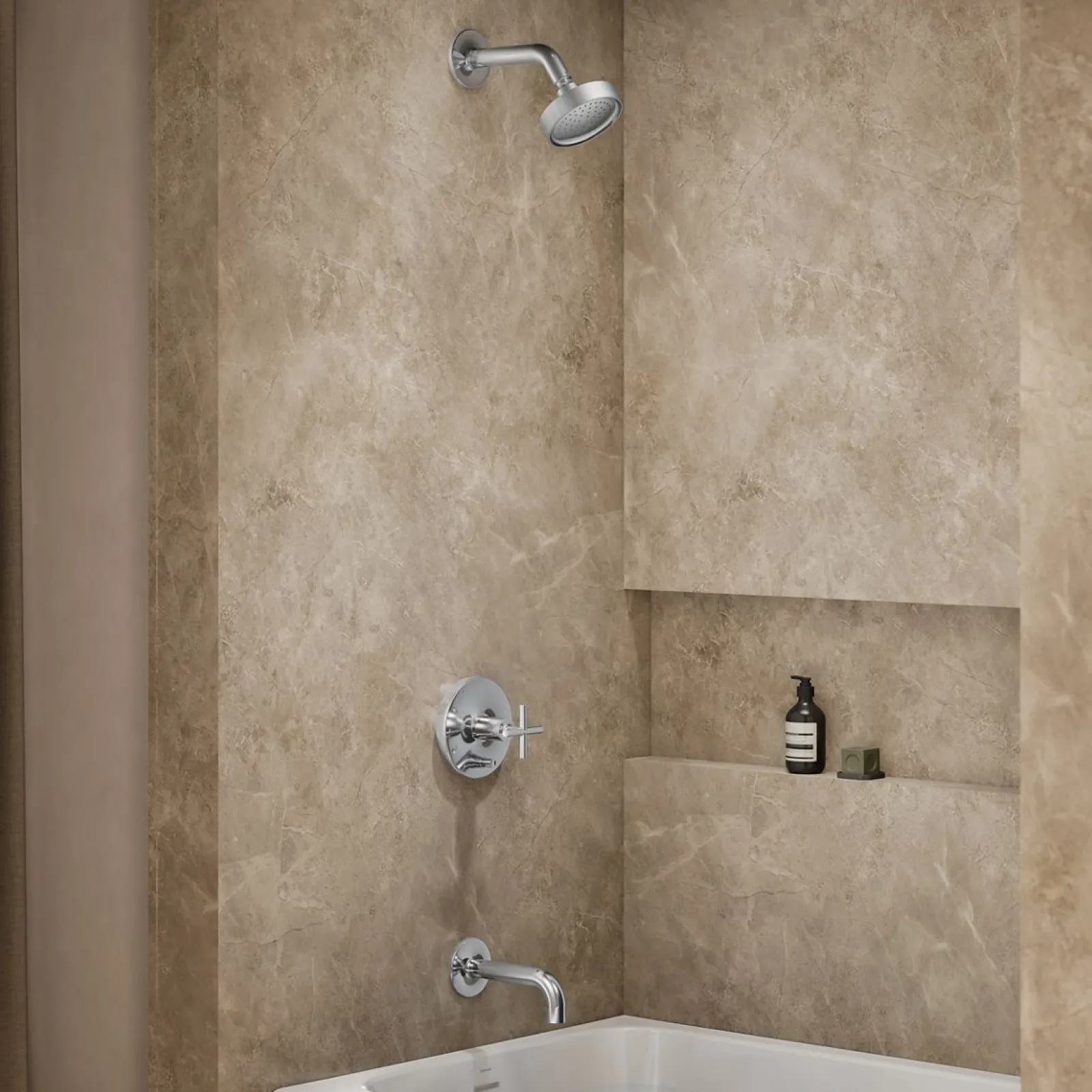 Rite-Temp® bath and shower trim kit with push-button diverter and cross handle, 2.5 gpm^Kohler Hot