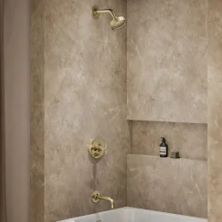 Rite-Temp® bath and shower trim kit with push-button diverter and cross handle, 2.5 gpm^Kohler Hot