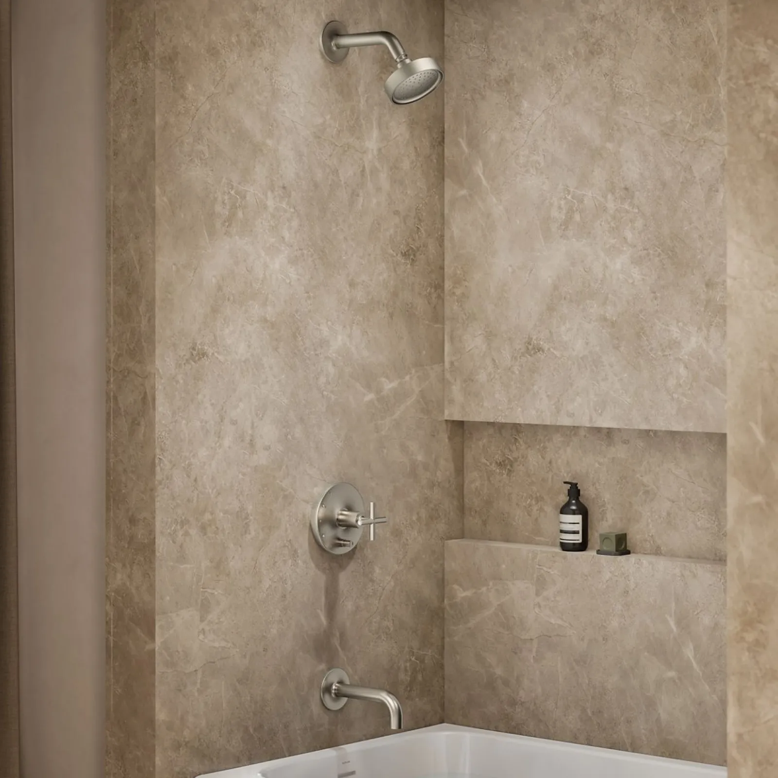 Rite-Temp® bath and shower trim kit with push-button diverter and cross handle, 2.5 gpm^Kohler Hot