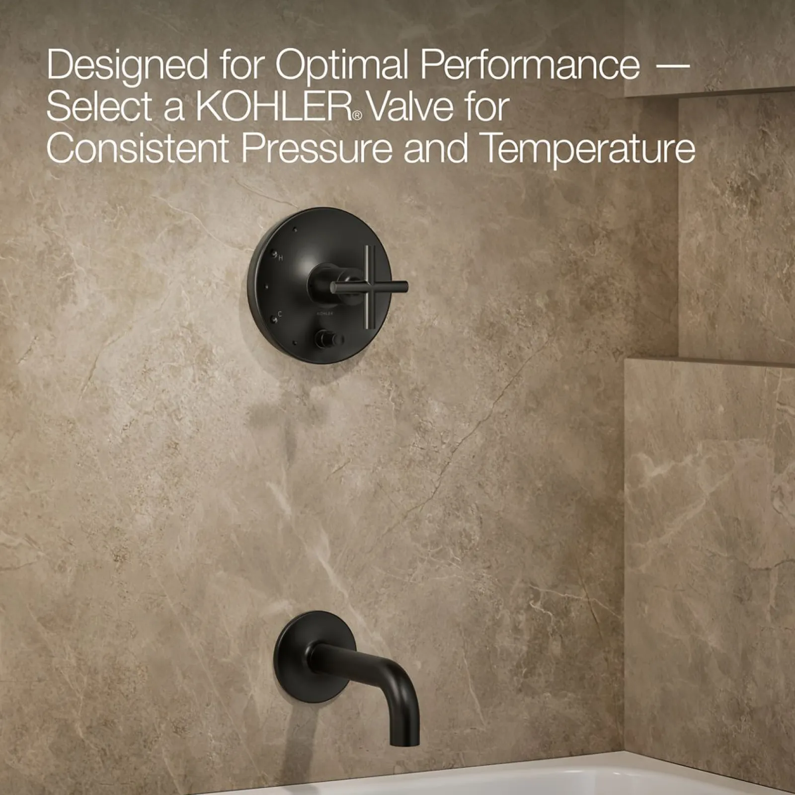 Rite-Temp® bath and shower trim kit with push-button diverter and cross handle, 2.5 gpm^Kohler Hot