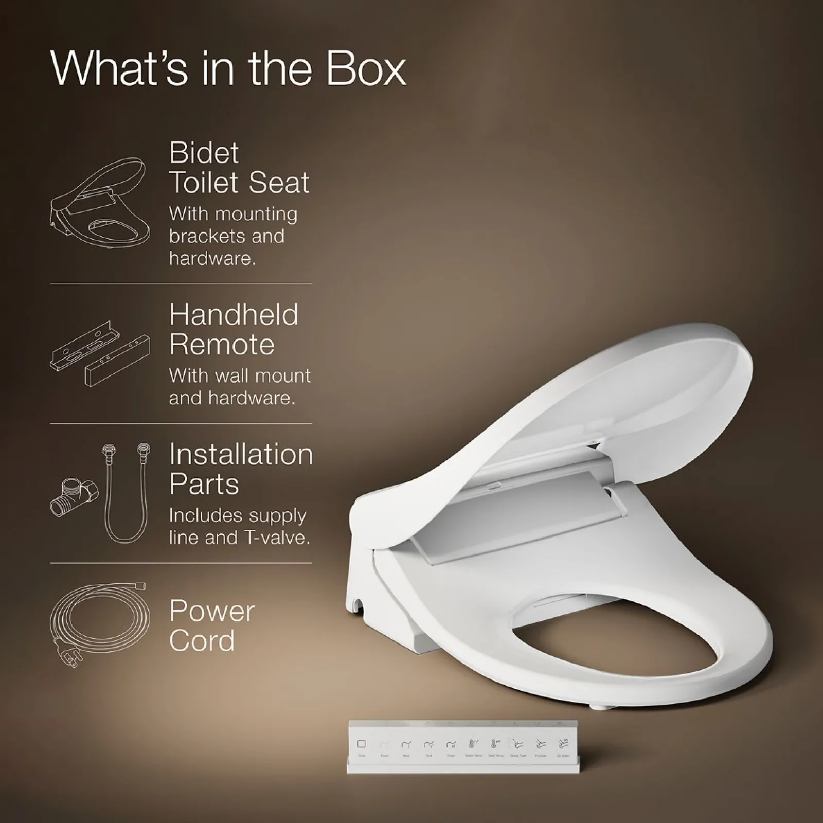 Round-front bidet toilet seat with remote control^Kohler Best