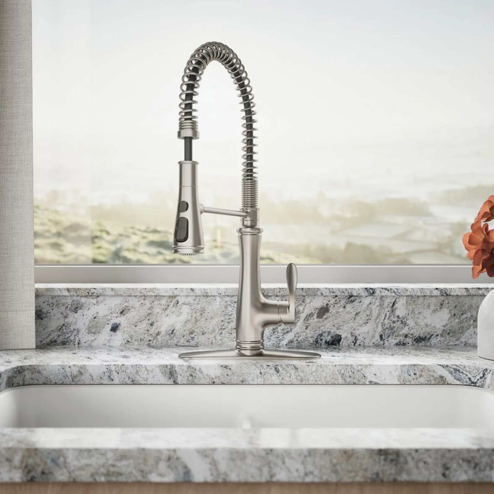 Semi-professional kitchen sink faucet with three-function sprayhead^Kohler