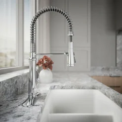 Semi-professional kitchen sink faucet with three-function sprayhead^Kohler