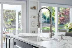 Semi-professional kitchen sink faucet with three-function sprayhead^Kohler