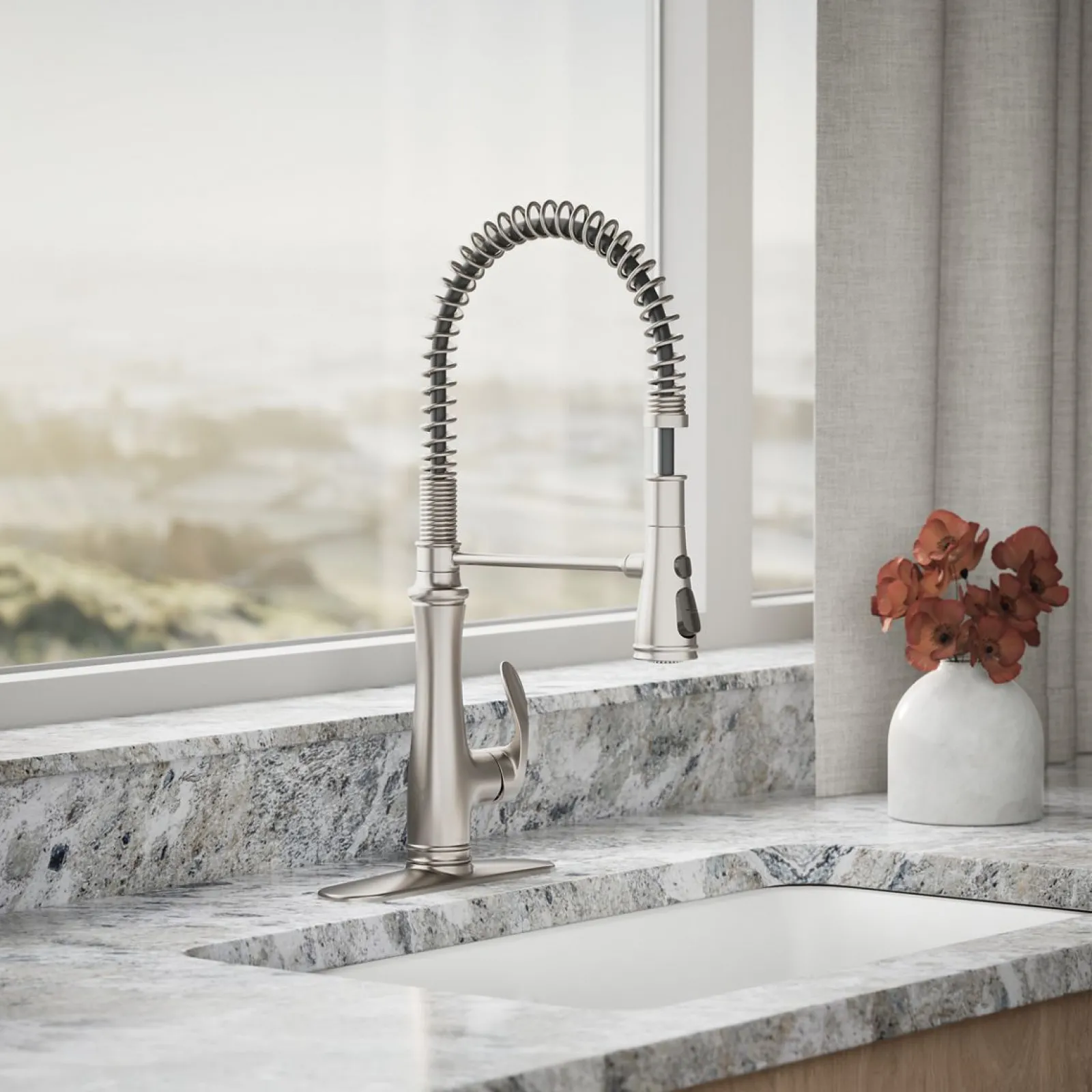 Semi-professional kitchen sink faucet with three-function sprayhead^Kohler