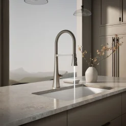 Semi-professional kitchen sink faucet with three-function sprayhead^Kohler New