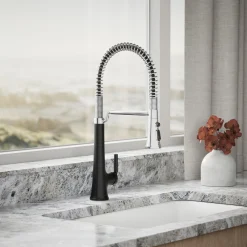 Semi-professional pull-down kitchen sink faucet with three-function sprayhead^Kohler Hot