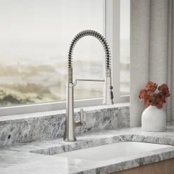 Semi-professional pull-down kitchen sink faucet with three-function sprayhead^Kohler Hot