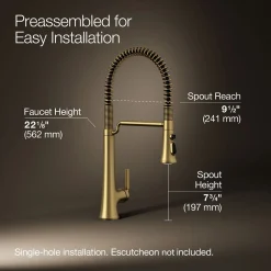 Semi-professional pull-down kitchen sink faucet with three-function sprayhead^Kohler Hot