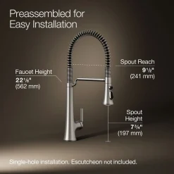 Semi-professional pull-down kitchen sink faucet with three-function sprayhead^Kohler Hot