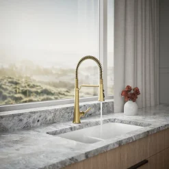 Semi-professional pull-down kitchen sink faucet with three-function sprayhead^Kohler Hot