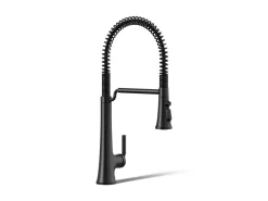 Semi-professional pull-down kitchen sink faucet with three-function sprayhead^Kohler Hot