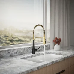 Semi-professional pull-down kitchen sink faucet with three-function sprayhead^Kohler Hot