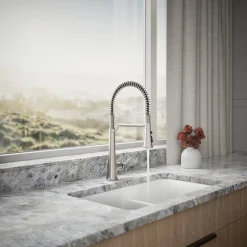 Semi-professional pull-down kitchen sink faucet with three-function sprayhead^Kohler Hot