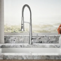 Semi-professional pull-down kitchen sink faucet with three-function sprayhead^Kohler Hot