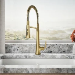 Semi-professional pull-down kitchen sink faucet with three-function sprayhead^Kohler Hot