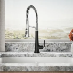 Semi-professional pull-down kitchen sink faucet with three-function sprayhead^Kohler Hot