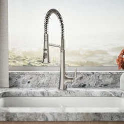 Semi-professional pull-down kitchen sink faucet with three-function sprayhead^Kohler Hot