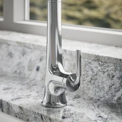 Semi-professional pull-down kitchen sink faucet with three-function sprayhead^Kohler Hot