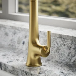Semi-professional pull-down kitchen sink faucet with three-function sprayhead^Kohler Hot