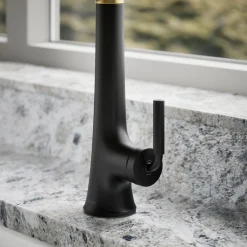 Semi-professional pull-down kitchen sink faucet with three-function sprayhead^Kohler Hot