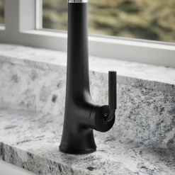 Semi-professional pull-down kitchen sink faucet with three-function sprayhead^Kohler Hot