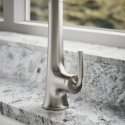 Semi-professional pull-down kitchen sink faucet with three-function sprayhead^Kohler Hot